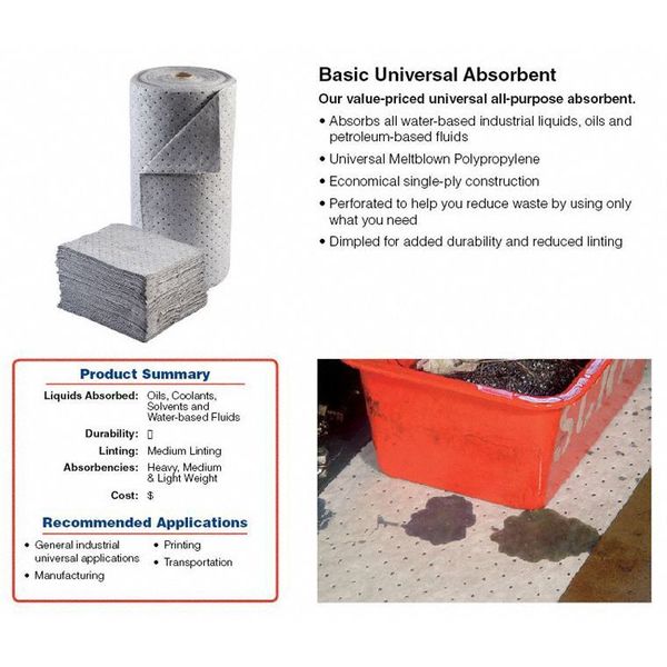 Sorbents, 20 gal/pk, 25 oz/pad, Universal Absorbed, Gray, Polypropylene, 100 PK