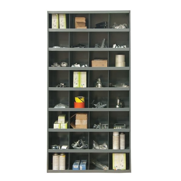 Prime Cold Rolled Steel Pigeonhole Bin Unit, 12 in D x 64 1/2 in H x 33 3/4 in W, 8 Shelves, Gray