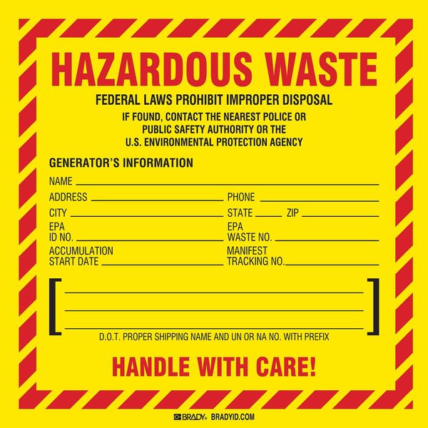 Hazardous Waste Label, 6 In. H, PK50