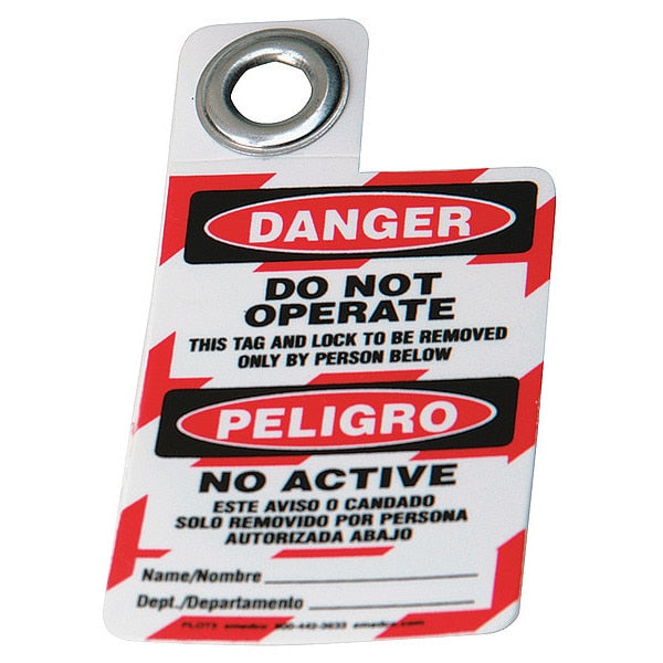 Danger Bilingual Tag, 3 x 2 In, Met, 3/8 In