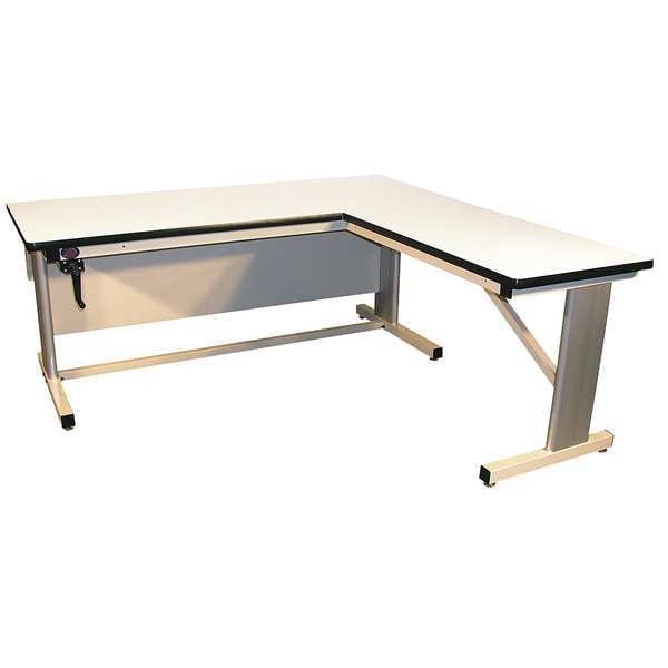 Hand Crank L-Shaped Workbench, ESD Laminate, 72 in W, 30 in to 42 in Height, 600 lb, Cantilever