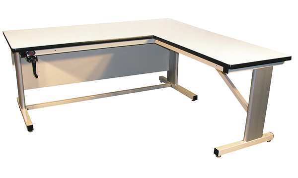 Hand Crank L-Shaped Workbench, Laminate, 72 in W, 30 in to 42 in Height, 600 lb, Cantilever