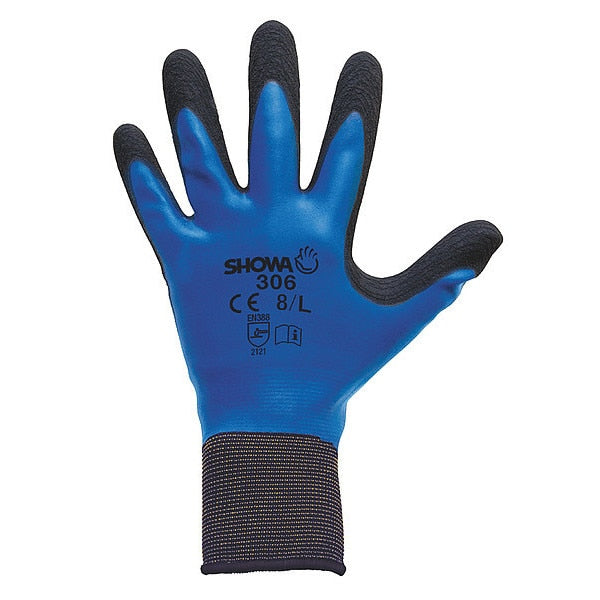 Foam Latex Coated Gloves, Palm Coverage, Black/Blue, L, PR