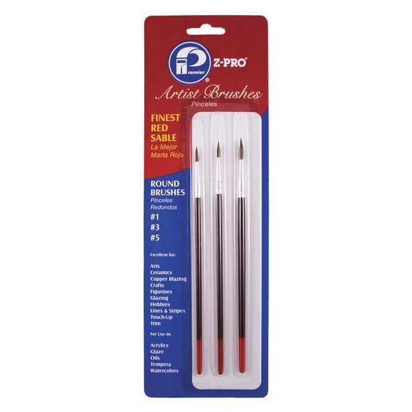 #1, #3, #5 Artist Paint Brush Set, Red Sable Bristle, Wood Handle, 12