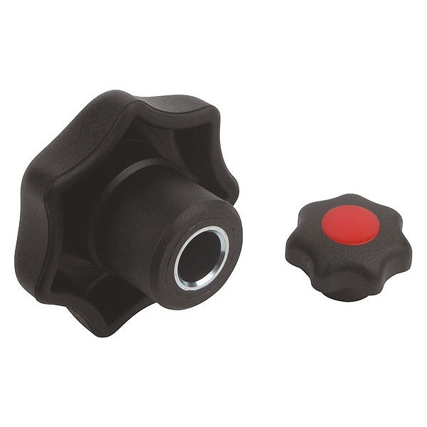 Star Grip, DIN 6336 Similar, D=8, D1= 40, Drilled Bushing, Steel, Black Plastic, Cap: Black
