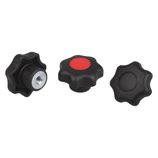 Star Grip, DIN 6336 Similar, D=M12, D1= 63, Tapped Bushing, Steel, Black Plastic, Cap: Yellow