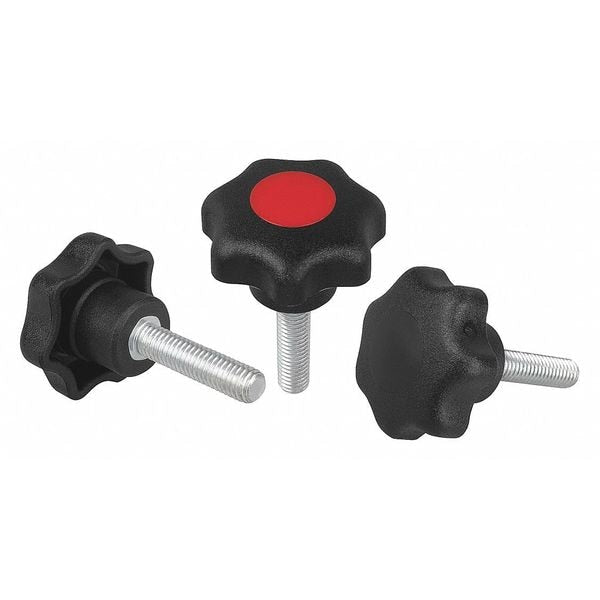 Star Grip, DIN 6336 Similar, D=3/8-16X40, D1= 40, External Thread, Steel, Black Plastic, Cap Yellow