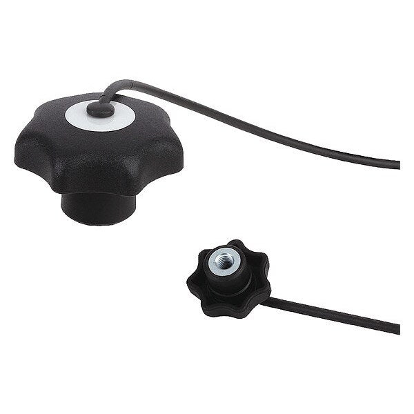 Star Grip w. Safety Lanyard, DIN 6336 Similar, D=M12, D1= 63, Steel, Black Plastic, Cap Yellow