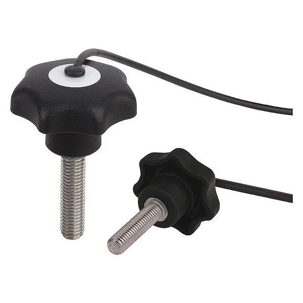 Star Grip w. Safety Lanyard, DIN 6336 Similar, D=M08X15, D1= 40, Steel, Black Plastic, Cap Black