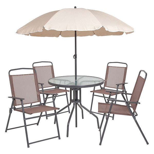Patio Set & Umbrella, 6 Piece, Brown