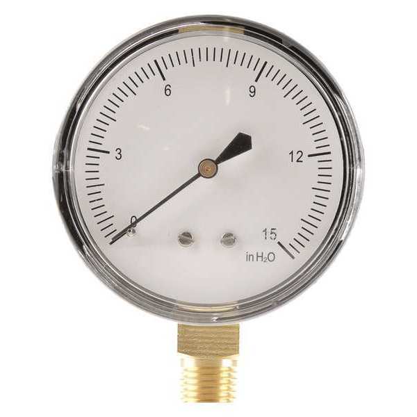 Pressure Gauge, 0 to 15 in wc, 1/4 in MNPT, Steel, Black
