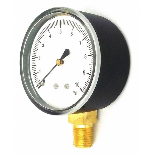 Pressure Gauge, 0 to 10 psi, 1/4 in MNPT, Steel, Black