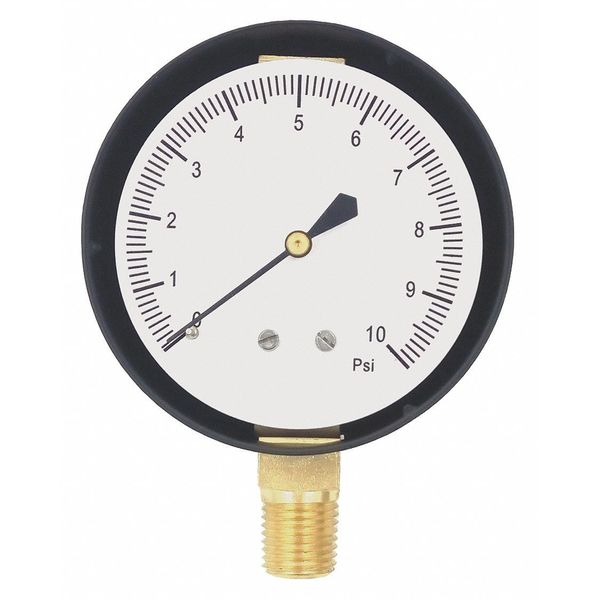 Pressure Gauge, 0 to 10 psi, 1/4 in MNPT, Steel, Black