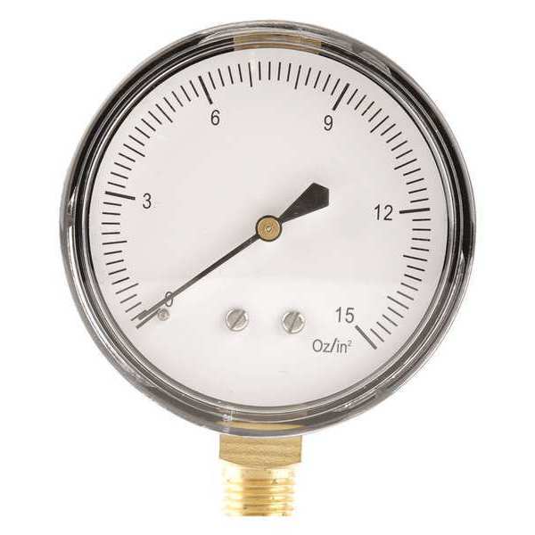 Pressure Gauge, 0 to 15 oz/sq in, 1/4 in MNPT, Steel, Black