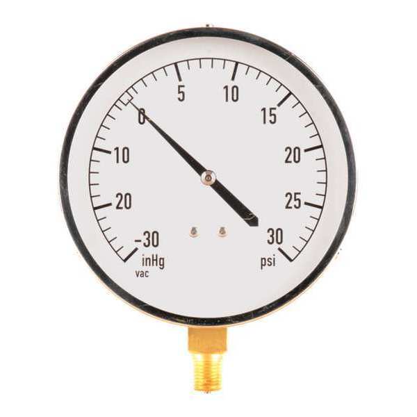 Compound Gauge, -30 to 0 to 30 in Hg/psi, 1/4 in MNPT, Stainless Steel, Silver