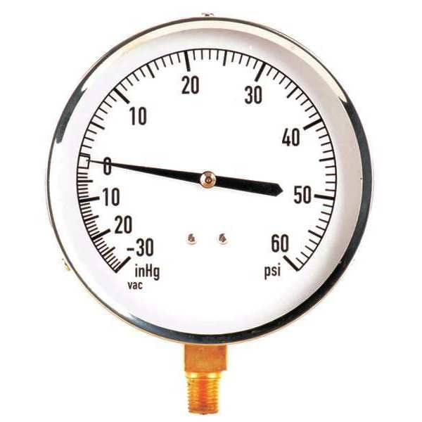 Compound Gauge, -30 to 0 to 60 in Hg/psi, 1/4 in MNPT, Stainless Steel, Silver