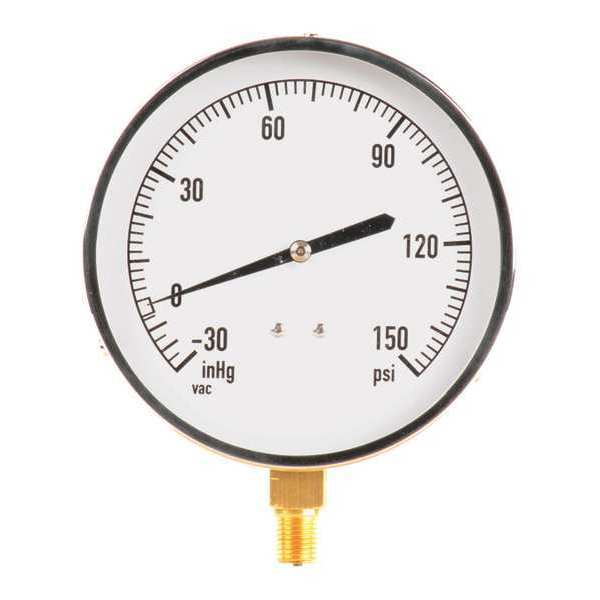 Compound Gauge, -30 to 0 to 150 in Hg/psi, 1/4 in MNPT, Stainless Steel, Silver