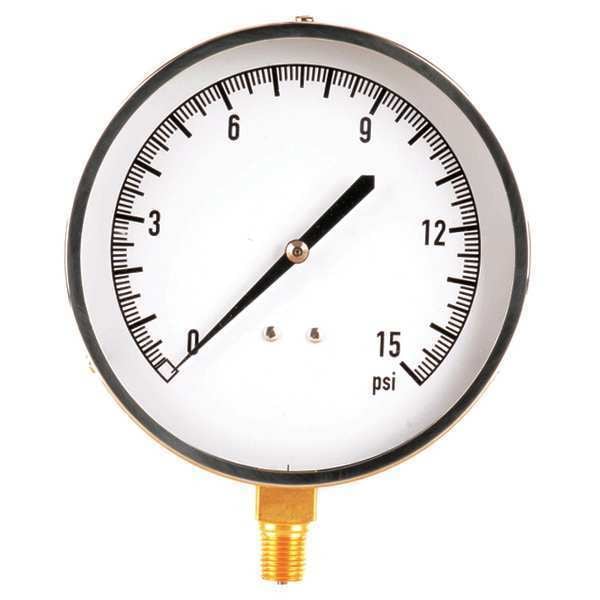 Pressure Gauge, 0 to 15 psi, 1/4 in MNPT, Stainless Steel, Silver