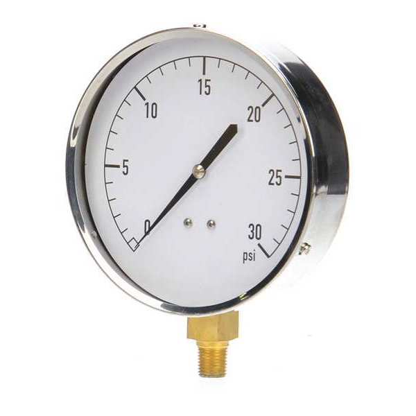 Pressure Gauge, 0 to 30 psi, 1/4 in MNPT, Stainless Steel, Silver