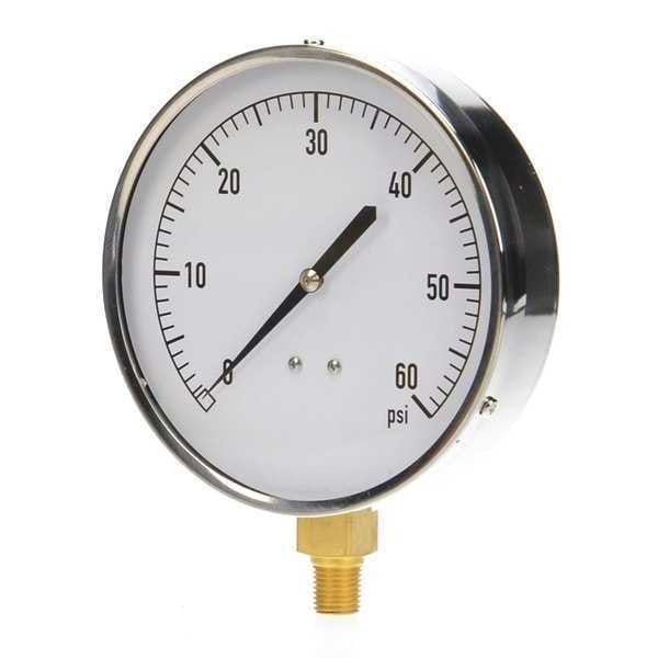 Pressure Gauge, 0 to 60 psi, 1/4 in MNPT, Stainless Steel, Silver