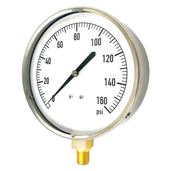 Pressure Gauge, 0 to 160 psi, 1/4 in MNPT, Stainless Steel, Silver