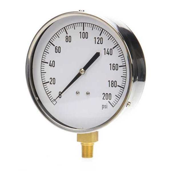 Pressure Gauge, 0 to 200 psi, 1/4 in MNPT, Stainless Steel, Silver