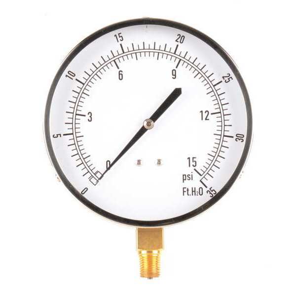Pressure Gauge, 0 to 15 psi, 1/4 in MNPT, Stainless Steel, Silver