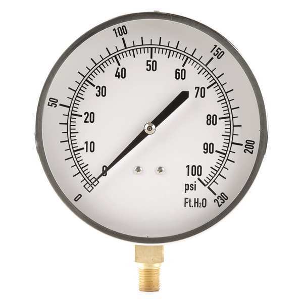 Pressure Gauge, 0 to 100 psi, 1/4 in MNPT, Stainless Steel, Silver