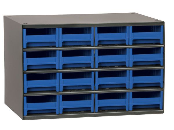 Drawer Bin Cabinet with 16 Drawers, Steel, Polystyrene, 17 in W x 11 in H x 11 in D