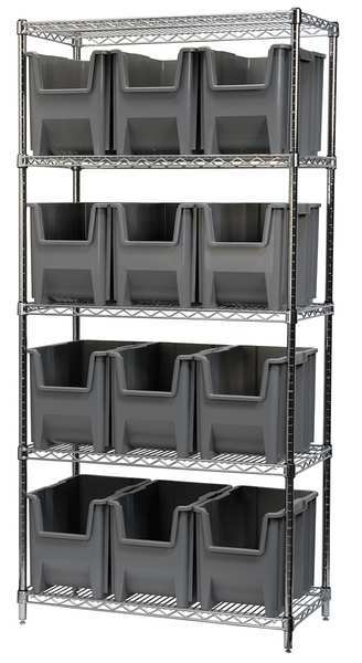 Steel Wire Bin Shelving, 36 in W x 74 in H x 18 in D, 5 Shelves, Silver/Gray