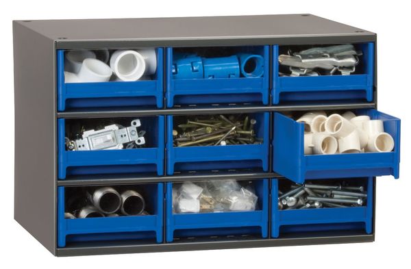 Drawer Bin Cabinet with 9 Drawers, Steel, Polystyrene, 17 in W x 11 in H x 11 in D