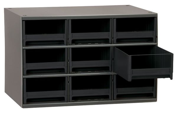 Drawer Bin Cabinet with 9 Drawers, Plastic, 17 in W x 11 in H x 11 in D
