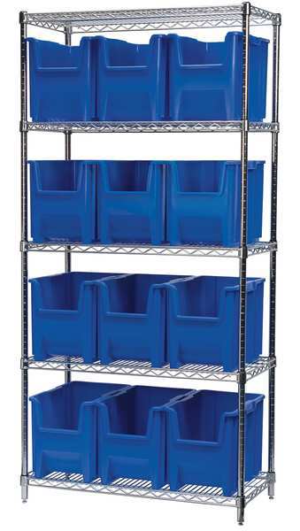 Steel Wire Bin Shelving, 36 in W x 74 in H x 18 in D, 5 Shelves, Silver/Blue