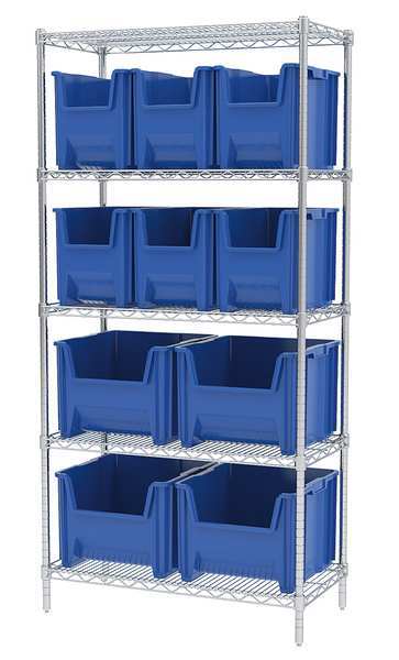 Steel Wire Bin Shelving, 36 in W x 74 in H x 18 in D, 5 Shelves, Silver/Blue