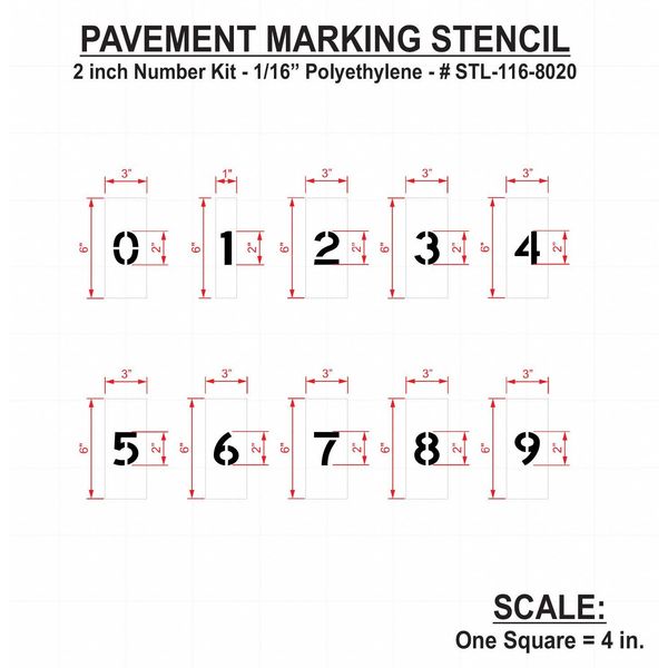 Pavement Stencil, 2 in, Number Kit, 1/16