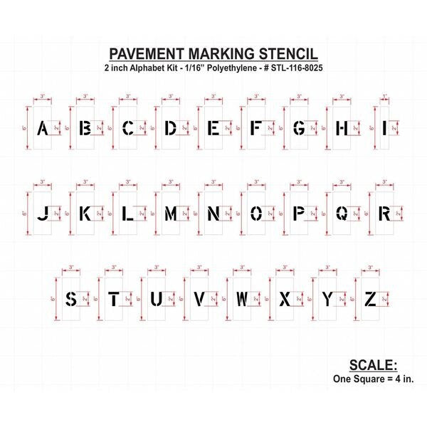 Pavement Stencil, 2 in, Alphabet Kit, 1/16