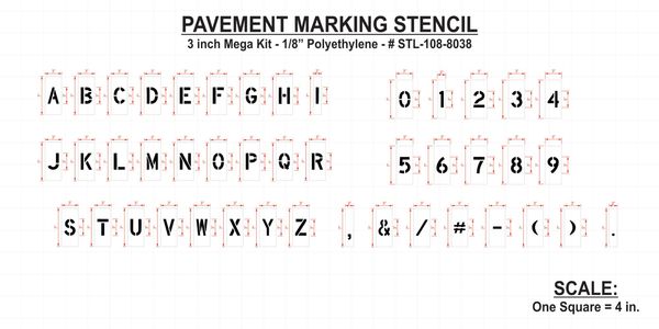 Pavement Stencil, 3 in, Mega Kit, 1/8