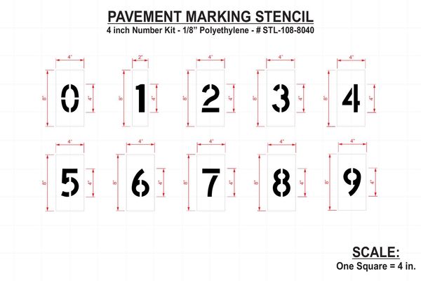 Pavement Stencil, 4 in, Number Kit, 1/8