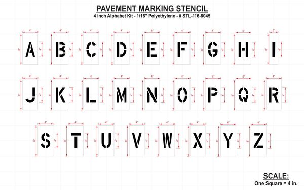 Pavement Stencil, 4 in, Alphabet Kit, 1/16