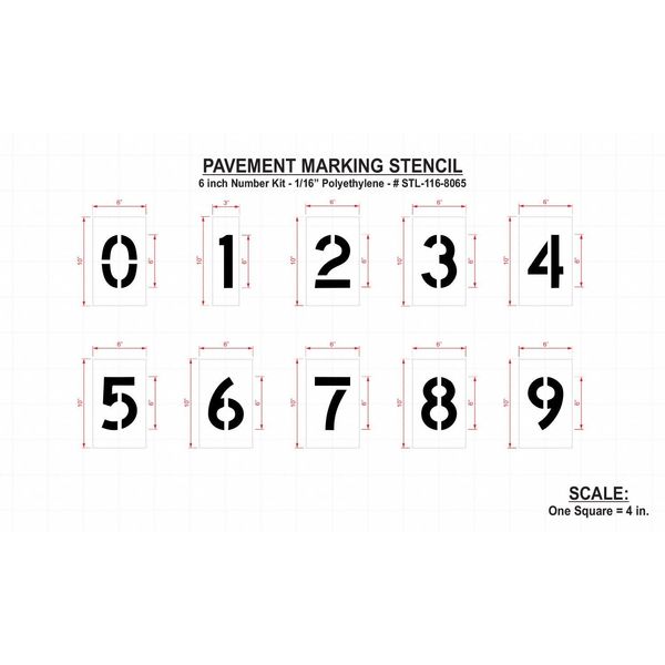 Pavement Stencil, 6 in, Number Kit, 1/16