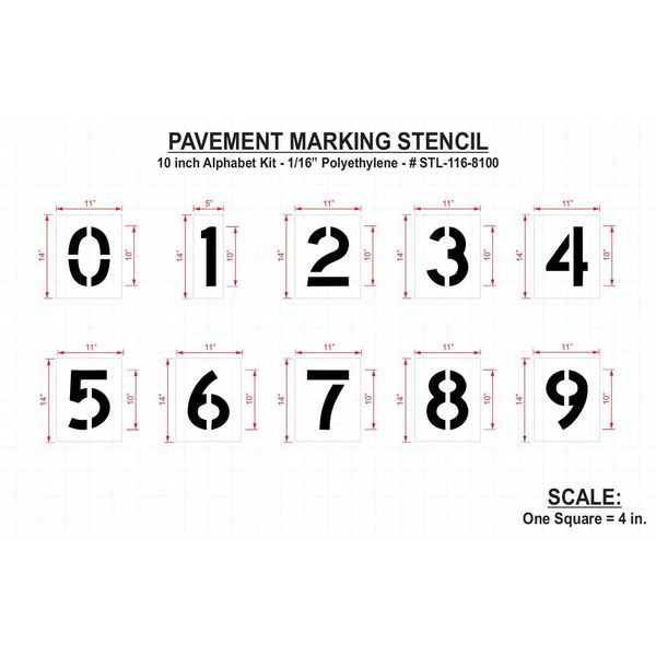 Pavement Stencil, 10 in, Number Kit, 1/16