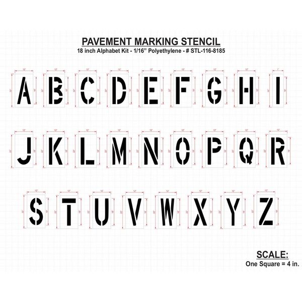 Pavement Stencil, 18 in, Alphabet Kit, 1/16