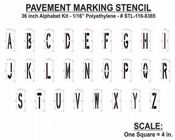 Pavement Stencil, 36 in, Alpha Kit, 1/16, STL-116-8365