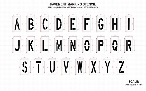 Pavement Stencil, 36 in, Alpha Kit, 1/16, STL-116-8365W