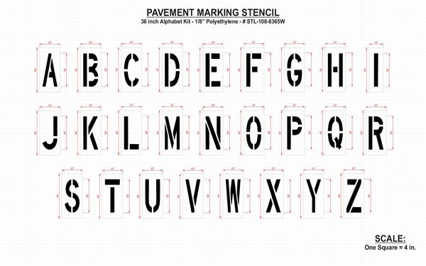 Pavement Stencil, 36 in, Alpha Kit, 1/8, STL-108-8365W