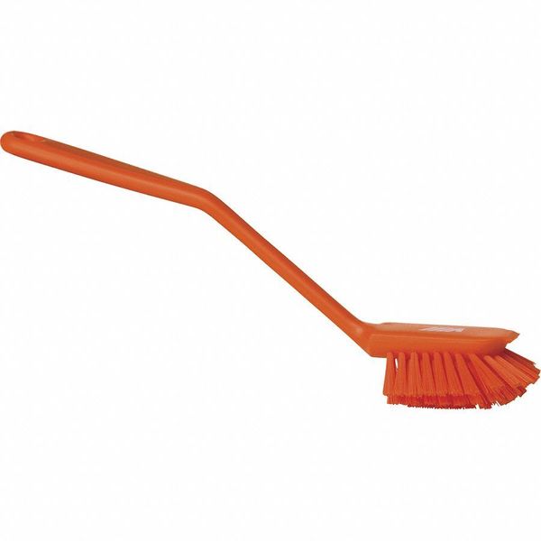 2 25/64 in W Dish Brush, Medium, 8 in L Handle, 3 1/8 in L Brush, Orange, Plastic