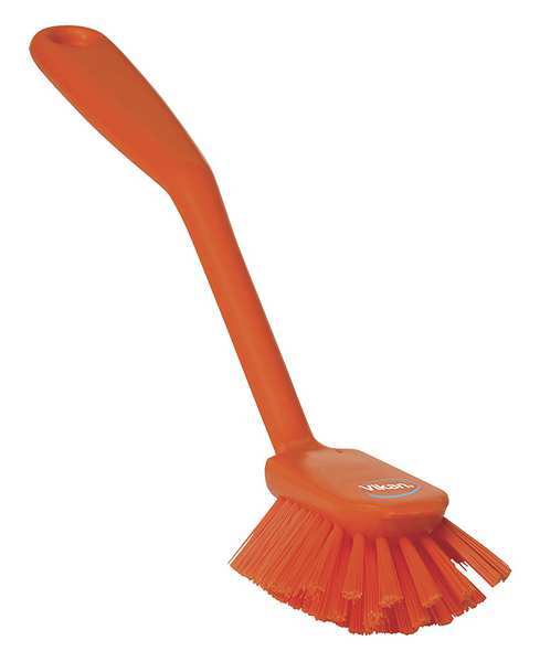 2 25/64 in W Dish Brush, Medium, 8 in L Handle, 3 1/8 in L Brush, Orange, Plastic