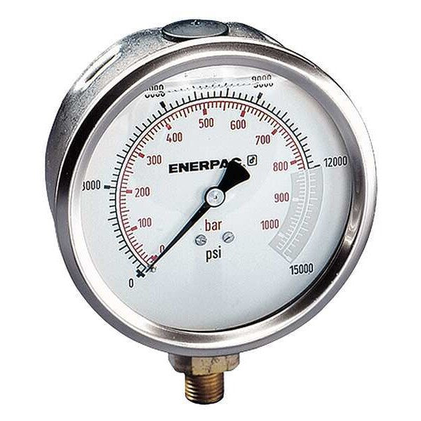 Pressure Gauge, 0 to 15,000 psi, 1/4 in NPTF, Stainless Steel, Silver