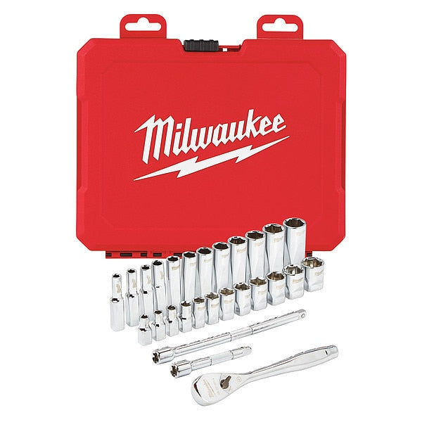 28 pc. 1/4 in. Drive Metric Ratchet and Socket Set with FOUR FLAT Sides