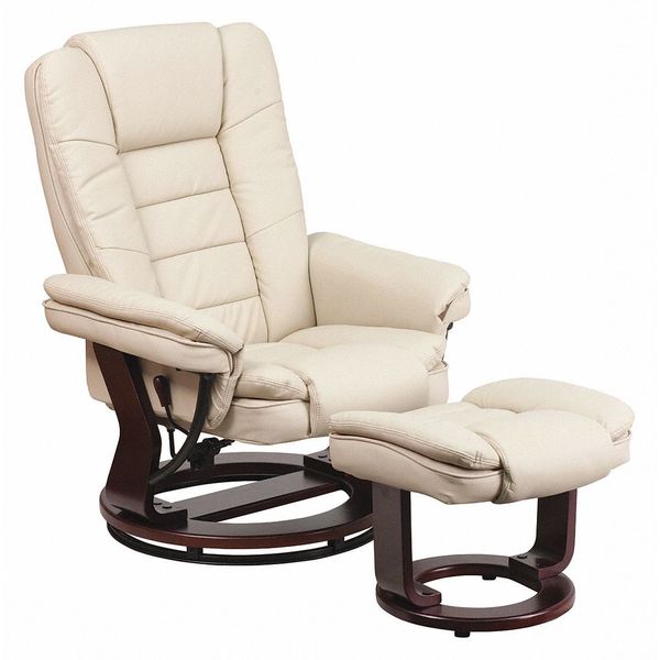 Beige LeatherSoft Recliner & Ottoman w/ Wood Base